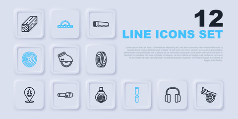Set line Headphones, Hand saw and log, Electric circular, Chisel tool, Tree rings, Chainsaw, and Grapple crane grabbed icon. Vector