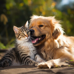A cat and a dog sharing a playful moment. 