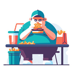 Fat man eating junk food. Unhealthy lifestyle concept. Vector illustration in flat style