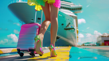 A fashionable woman with a vibrant suitcase and colorful heels boards a cruise ship for a sunny vacation