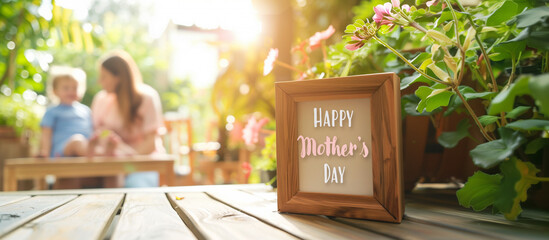 Obraz premium Happy Mother’s Day quote on a table with blurred family in the background. Mother´s day holiday concept