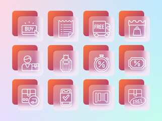 Set line Shopping day, Mobile shopping, Stopwatch percent discount, Barcode, POS terminal, Free delivery service, Buy button and Wish list template icon. Vector