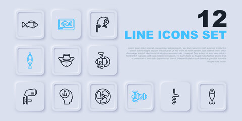 Set line Hand ice drill, Fishing lure, Fisherman hat, Spinning reel for fishing, finder echo sounder and Outboard boat motor icon. Vector