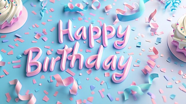 A playful image of pastel-colored party decorations all arranged in a pattern, with confetti sprinkled around, and 3d "Happy Birthday" in a cheerful, sans-serif font