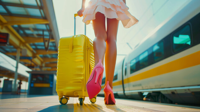 A fashionable woman in a ruffled skirt and striking pink heels tows a bright yellow suitcase at a train station..