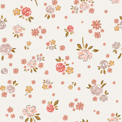 A delicate seamless pattern depicting pink, red and orange wildflowers on a light background.