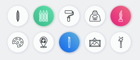 Set line Paint brush, Feather and inkwell, Palette, Picture landscape, Inkwell, roller, Magic wand and spray icon. Vector