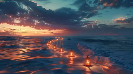 Fotobehang a row of ornate lanterns floating on a calm sea, under a breathtaking twilight sky ablaze with crimson and orange hues © Riz
