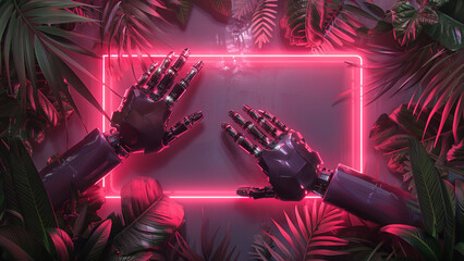 Two robotic hands framing neon rectangle, Cybernetic robot arms with glowing frame in palm foliage | Generative AI