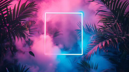 Fototapeta na wymiar Neon rectangle frame in tropical palm foliage backdrop, Glowing geometric shape with mist and palm leaves | Generative AI