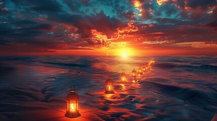 a row of ornate lanterns floating on a calm sea, under a breathtaking twilight sky ablaze with crimson and orange hues - obrazy, fototapety, plakaty