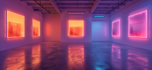 Art gallery with illuminated pink light boxes, Modern exhibition room empty space with vibrant lighting | Generative AI