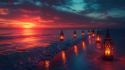 a row of ornate lanterns floating on a calm sea, under a breathtaking twilight sky ablaze with crimson and orange hues