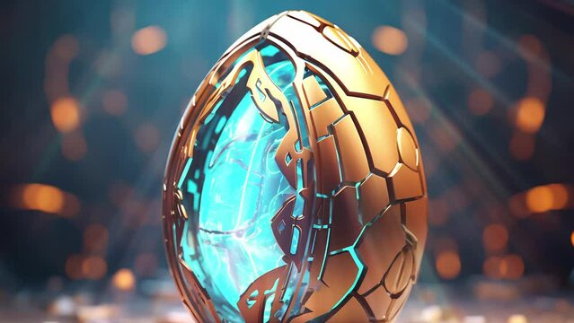 Easter futuristic egg with rays of light and copy space.