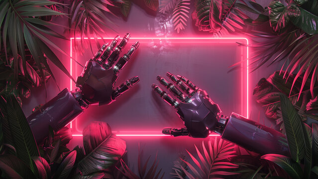 Two robotic hands framing neon rectangle, Cybernetic robot arms with glowing frame in palm foliage | Generative AI - Powered by Adobe