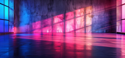 Vibrant neon light in modern abstract interior space, Colorful moody empty room backdrop with floor shadow | Generative AI