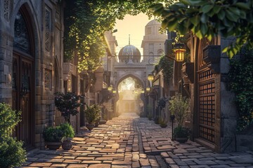 A background of an ancient city at dawn during Ramadan, with the first light of day illuminating historic architecture and cobblestone streets.