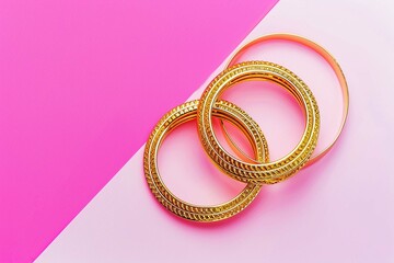 Modern golden bracelets on pink and white