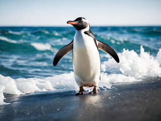 Naklejka premium A black and white penguin stands on the rocky Antarctic beach