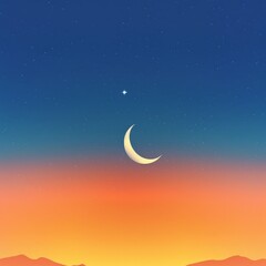 Obraz na płótnie Canvas Minimalist design of a crescent moon hanging over a gradient sunset sky transitioning from warm orange to a deep blue studded with the first star of the evening
