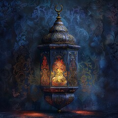 An illustration of an ornate lantern casting a warm, gentle light on a background of dark blue velvet, adorned with golden Arabic calligraphy of Ramadan greetings.