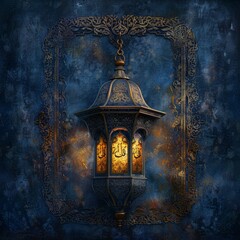 An illustration of an ornate lantern casting a warm, gentle light on a background of dark blue...
