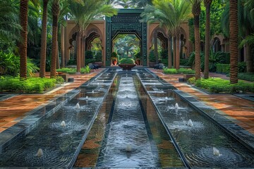 Obraz premium luxury of an Arabian-style courtyard with lush palm trees and reflective water fountains.