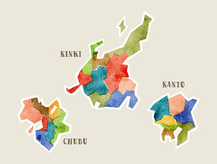 版ズレ風の素朴な日本地図：関東地方・中部地方・近畿地方 - obrazy, fototapety, plakaty