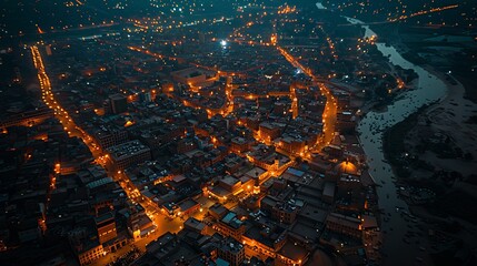 A stunning aerial night shot that captures the glowing lights and architectural grandeur of a densely populated Islamic city