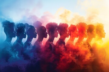 Fototapeta na wymiar Ethereal image of multiple silhouettes enveloped in vibrant colored smoke, creating an abstract visual feast