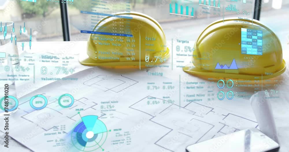 Poster animation of statistics and data processing over yellow hard hats and plans on desk in office