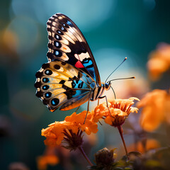 A close-up of a butterfly resting on a flower.