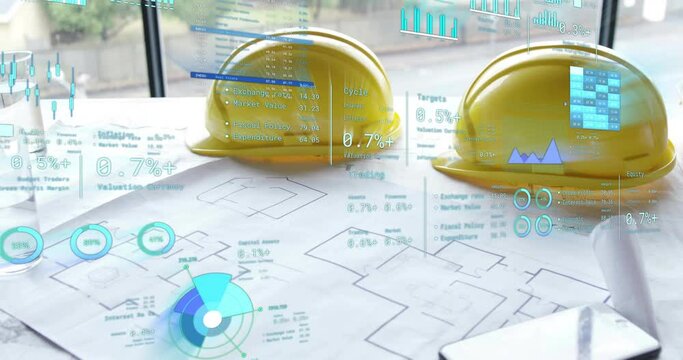 Animation of statistics and data processing over yellow hard hats and plans on desk in office