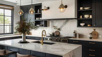 A luxury contemporary kitchen featuring stylish black and white cabinets, golden fixtures, and...