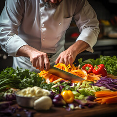 A close-up of a chef chopping fresh vegetables.