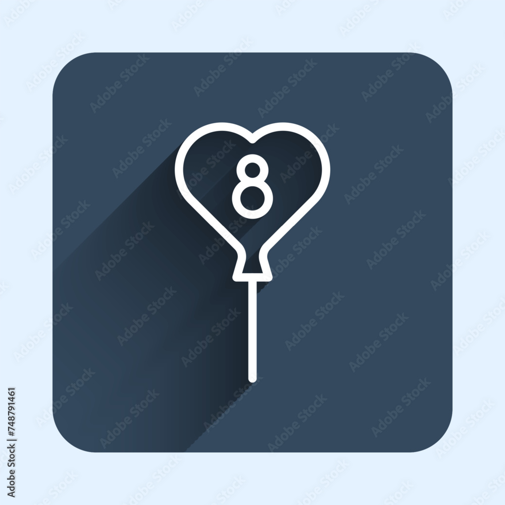 Poster white line balloons with 8 march icon isolated with long shadow background. blue square button. vect