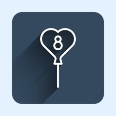 White line Balloons with 8 March icon isolated with long shadow background. Blue square button. Vector