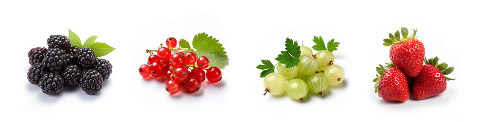 fresh ripe berries on a white background, strawberries raspberries currants blackberries, forest and garden berries
