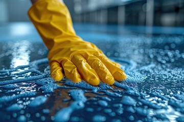 A person wearing yellow rubber gloves is actively cleaning