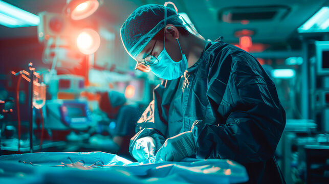 A focused surgeon dons his surgical gown, cap, and gloves while meticulously arranging his tools in the surgical room. Every detail is carefully attended ensuring precision and safety