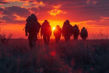 Dramatic silhouettes of soldiers on a mission against the backdrop of a setting sun