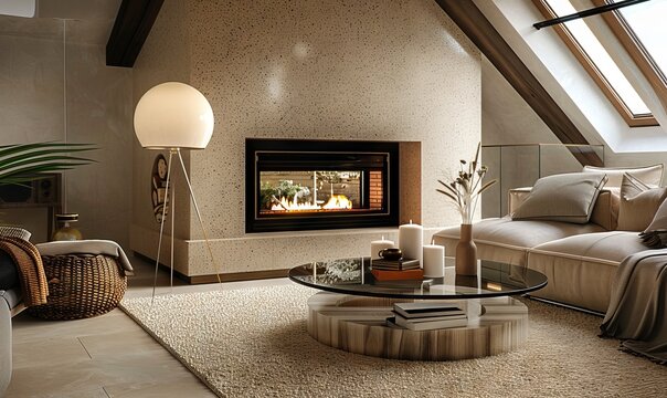 Modern interior design of family room with fireplace, cozy atmosphere
