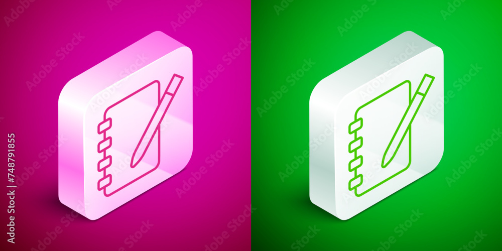 Poster isometric line notebook icon isolated on pink and green background. spiral notepad icon. school note