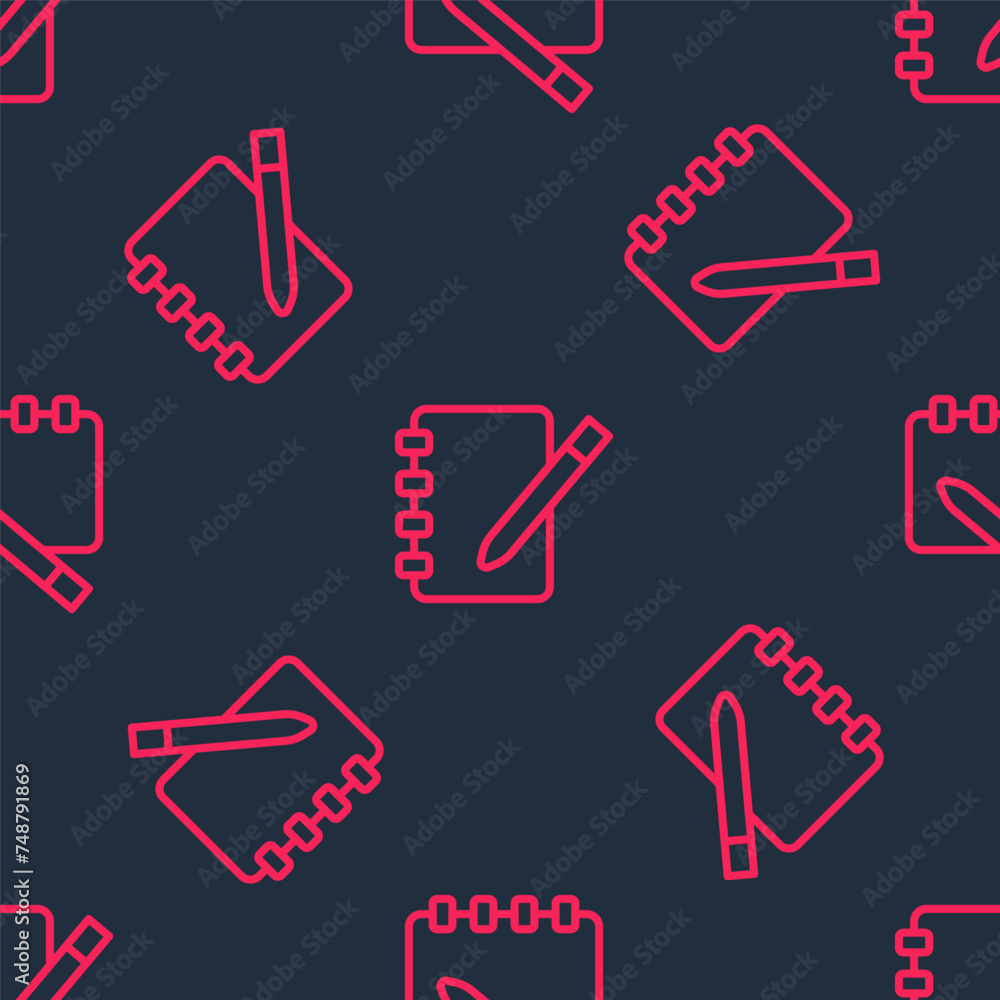 Poster red line notebook icon isolated seamless pattern on black background. spiral notepad icon. school no