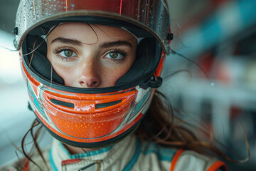 Female motorsport racer in racing attire, with a blurred garage backdrop.