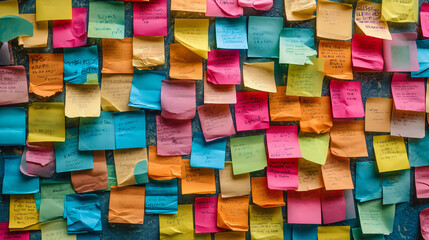 Many colorful, sticky notes, or adhesive notes on a wall or bulletin board