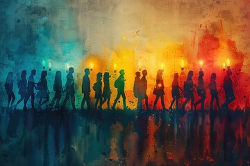 Fototapeta na wymiar A line of walking silhouettes cast against a multicolor abstract background, evoking motion and urban life