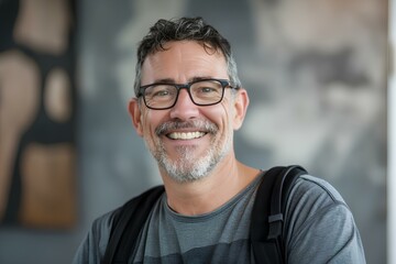 middle-aged man wearing glasses smiles and looks at camera, in the style of modern urban. generative AI