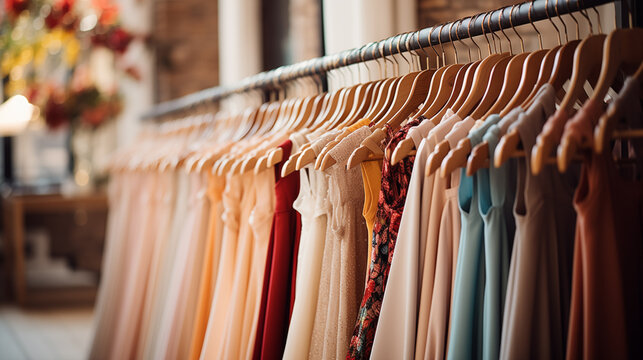 women's dresses, shirts of different colors on hangers in the store