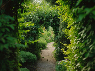 Serene Garden Pathway Surrounded by Lush Foliage